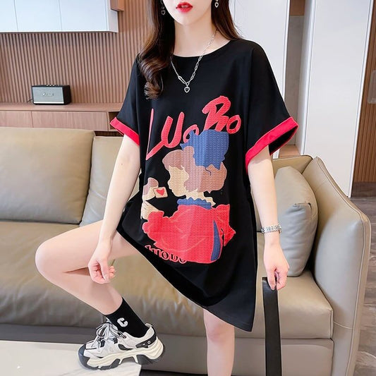 気質とデザインセンスを備えた対照的な色の漫画半袖Tシャツ<S-2990>