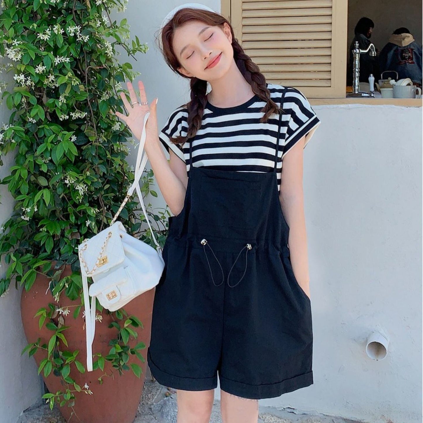 超人気 ストライプ柄 カジュアル 切り替え 半袖Ｔシャツⅹオーバーオールショーツセット全4色 <S-8731>