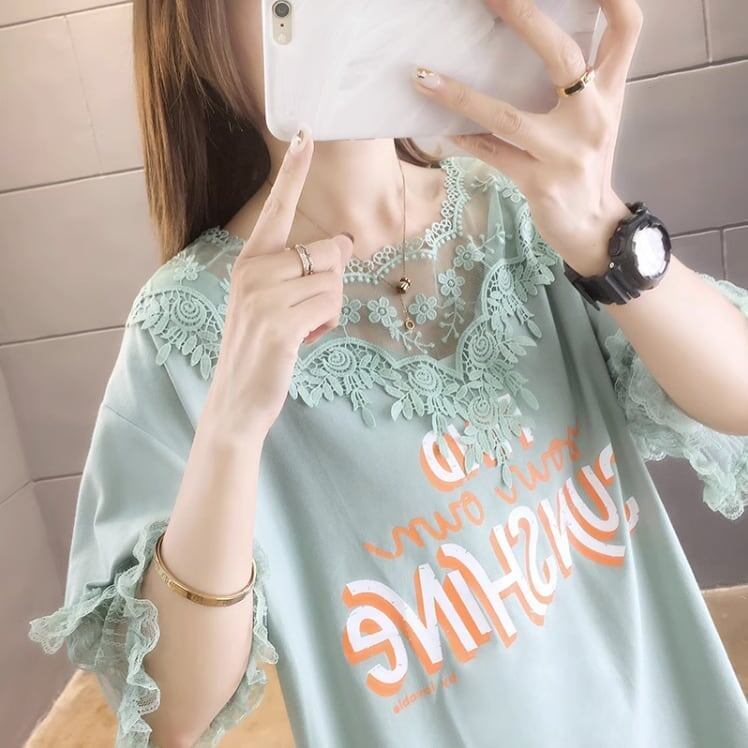 エレガントなレースステッチ半袖Tシャツ<S-3030>
