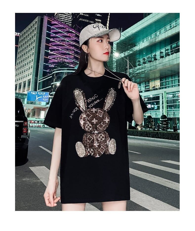 合わせやすい ビジュー ウサギ ロング Tシャツ ゆったり 半袖 ＜S-2887＞