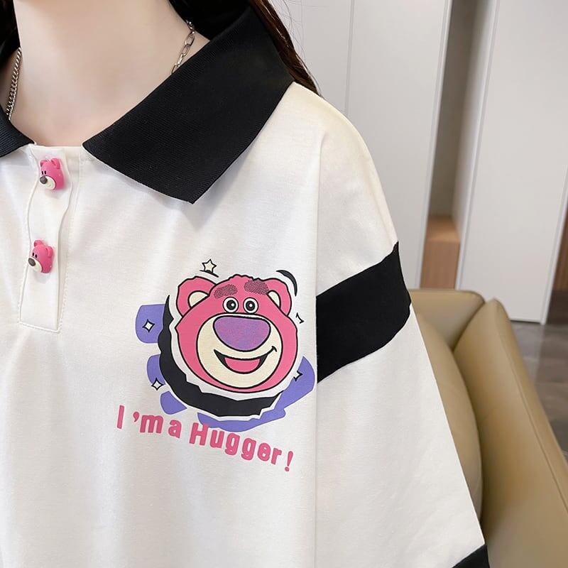 POLOネック 切り替え 熊柄 ロング プリント Tシャツ 二色 ゆったりワンピース ＜S-3020＞