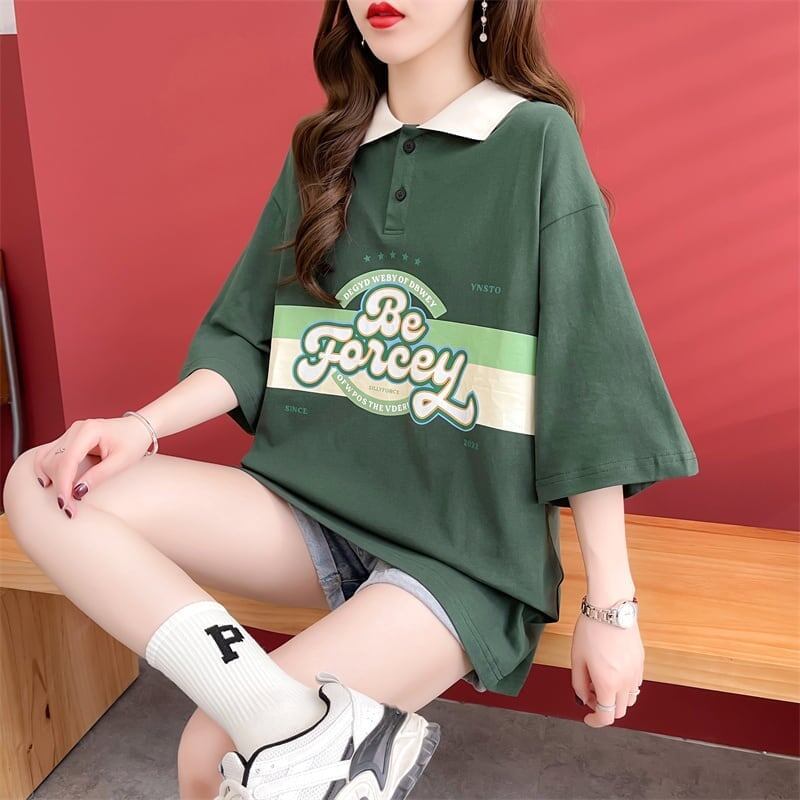 スタイルアップ グラフィック POLOネック ドロップショルダーTシャツ ゆったり半袖 ＜S-3048＞