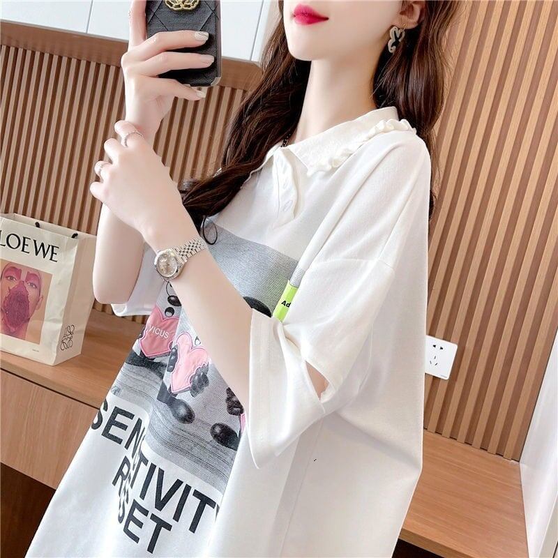 夏新作 アルファベットプリント POLOネック ロング Tシャツ ゆったりワンピース ＜S-3038＞