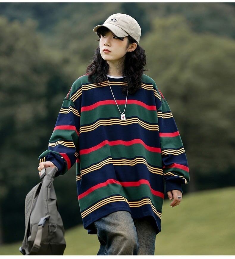 おすすめ 二色 ストライプ柄切り替え 長袖Ｔシャツ トップス＜S-4129＞