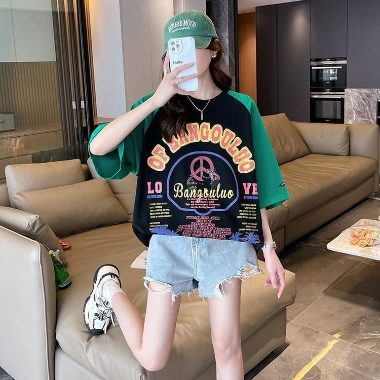 夏新作 配色 プリント ロング ラグランTシャツ 三色 ゆったりワンピース ＜S-4003＞