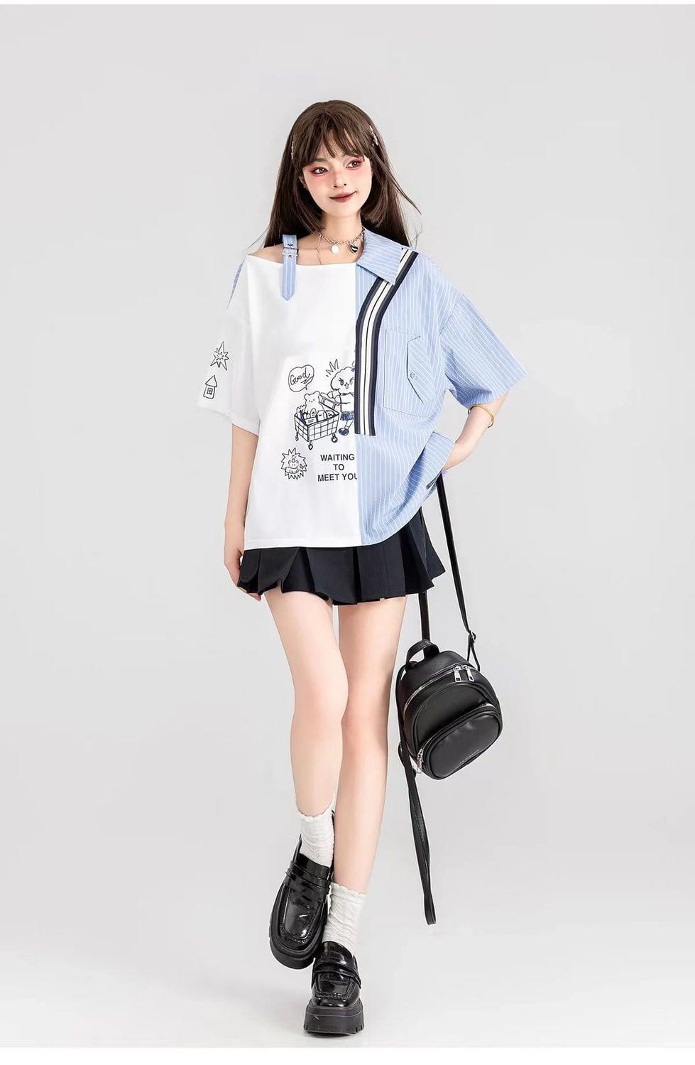 話題沸騰中 キュートストライプ柄 ファッション 切り替え 半袖Tシャツ＜S-8695＞