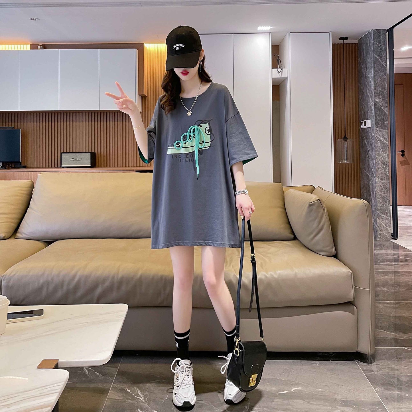 韓国系 プリント ラウンドネック ロング Tシャツ ゆったり半袖 ＜S-2988＞