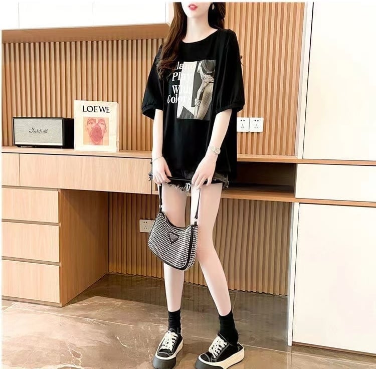 新作 リボン レース プリントTシャツ 白黒 ＜S-2844＞