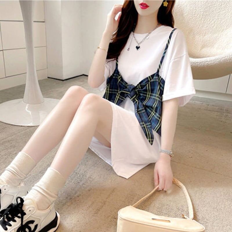 美人度アップ プリント 美腿効果抜群 Tシャツ カットソー ワンピース＜S-3357＞