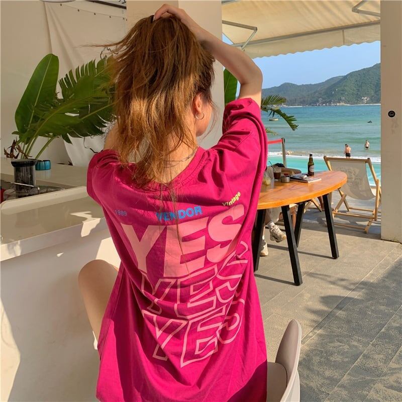 着心地良い プリント アルファベット ロング Tシャツ ゆったり半袖 ＜S-2851＞