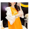 女子力アップ アルファベット パフスリーブ プリント ロングTシャツ ゆったりワンピース ＜S-3054＞