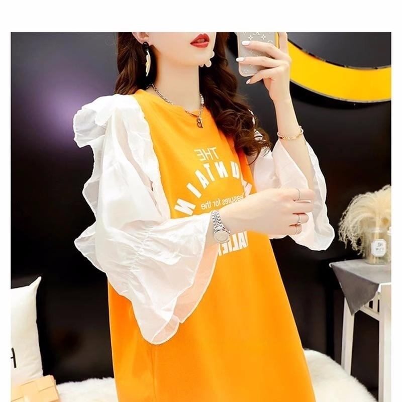 女子力アップ アルファベット パフスリーブ プリント ロングTシャツ ゆったりワンピース ＜S-3054＞