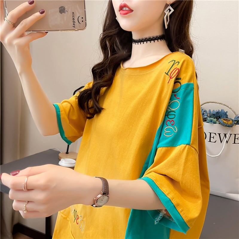 韓国風漫画刺繍ワッペン半袖Tシャツ<S-2991>