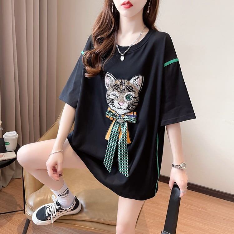 質感のいい 猫刺繍 立体のリボン ロング Tシャツ ゆったり半袖 ＜S-2919＞