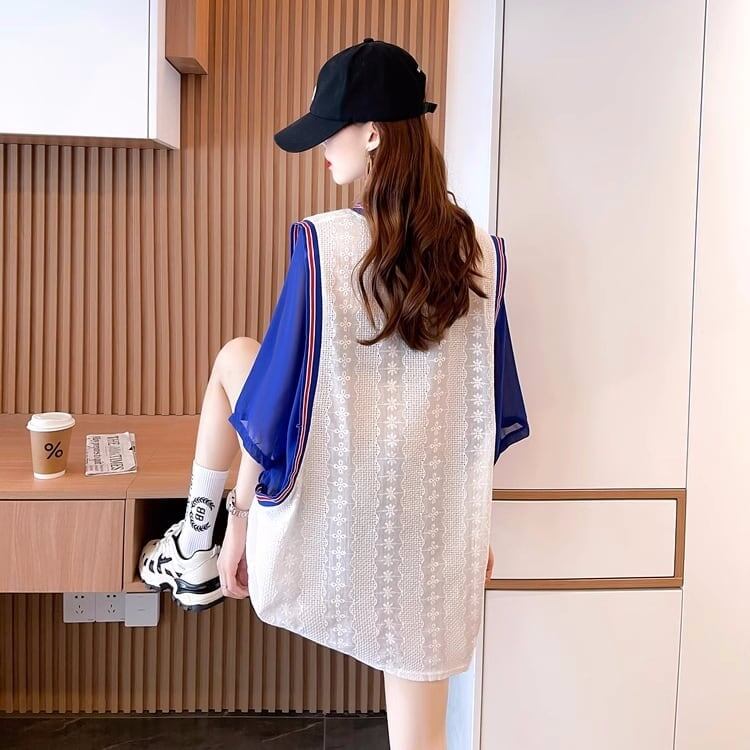 夏新作 レース ベアー カラーマッチング ロングTシャツ ゆったり5分袖 ＜S-2942＞