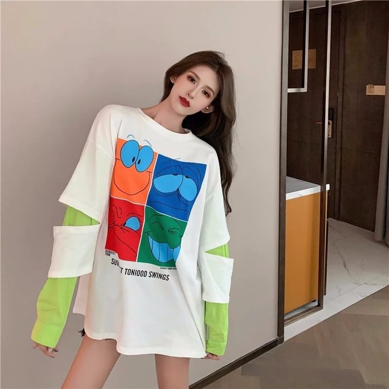 見逃し禁止レイヤード  グラフィックプリント 二色長袖Tシャツ＜S-4065＞