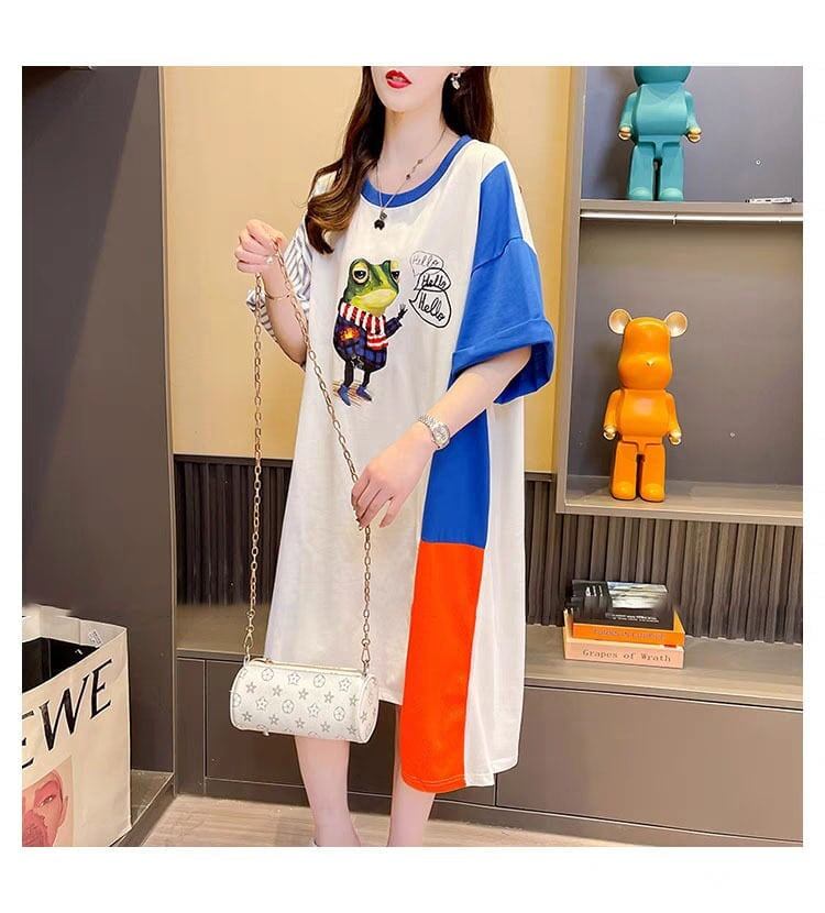 レイジーカジュアルプリント半袖Tシャツルーズデザインワンピース<2879>