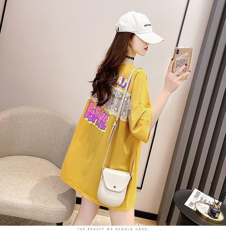 【半額！期間限定！！】グラフィック レース 透かし彫り ロング Tシャツ ゆったりワンピース ＜S-4021＞