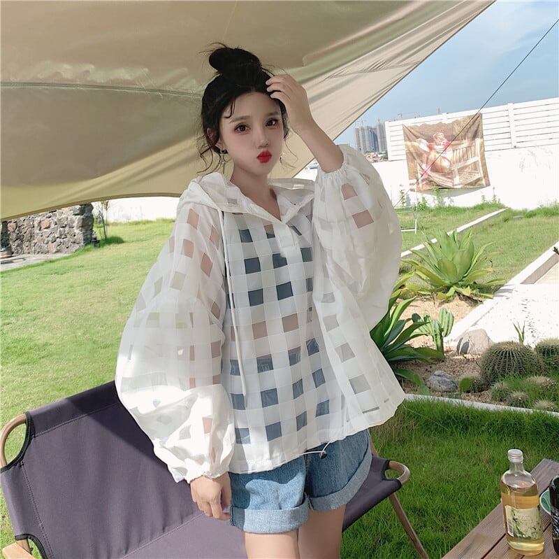 大人気 チェック柄 ゆったり 日焼け対策 UVカット 冷房対策 着?せ 長袖 フード付き シャツ ＜S-1910＞