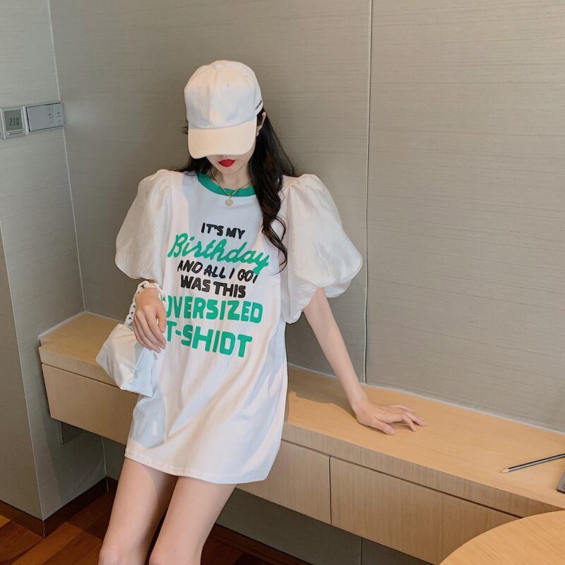 話題沸騰中 パフスリーブ ファッション プリント 全2色 半袖 Tシャツ <S-8662>