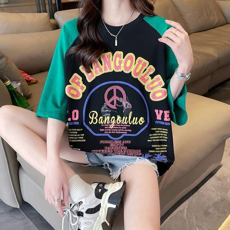 夏新作 配色 プリント ロング ラグランTシャツ 三色 ゆったりワンピース ＜S-4003＞