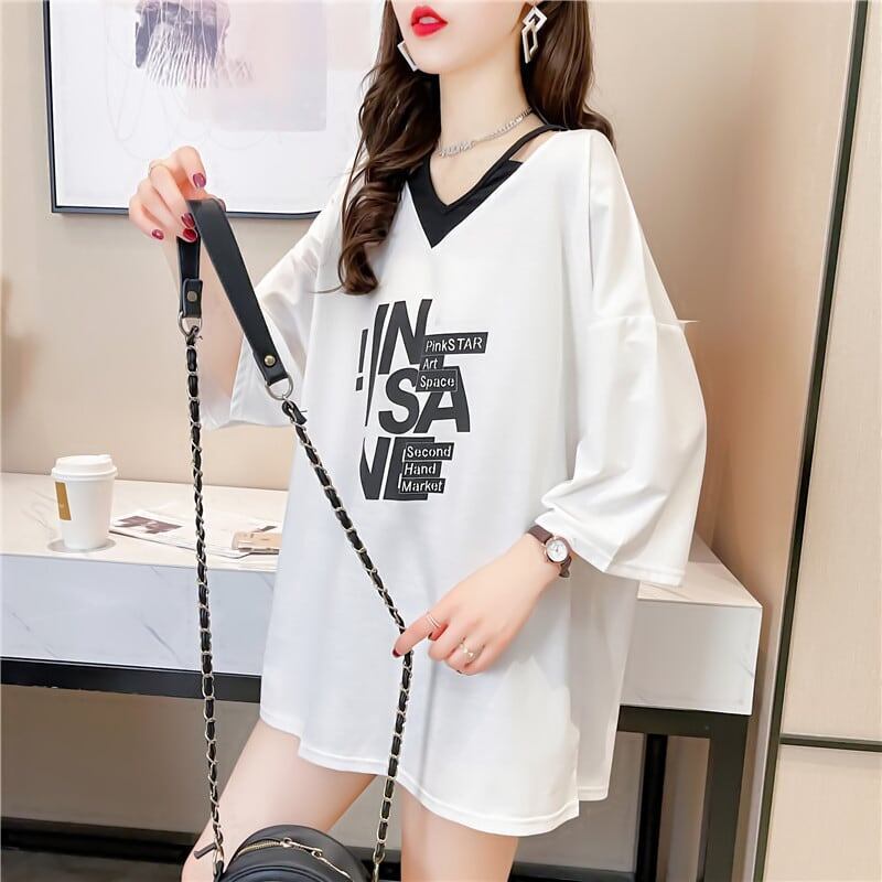 売れ筋 アルファベット Vネック フェイクレイヤード ゆったり 着せ 半袖 Tシャツ ＜S-2005＞
