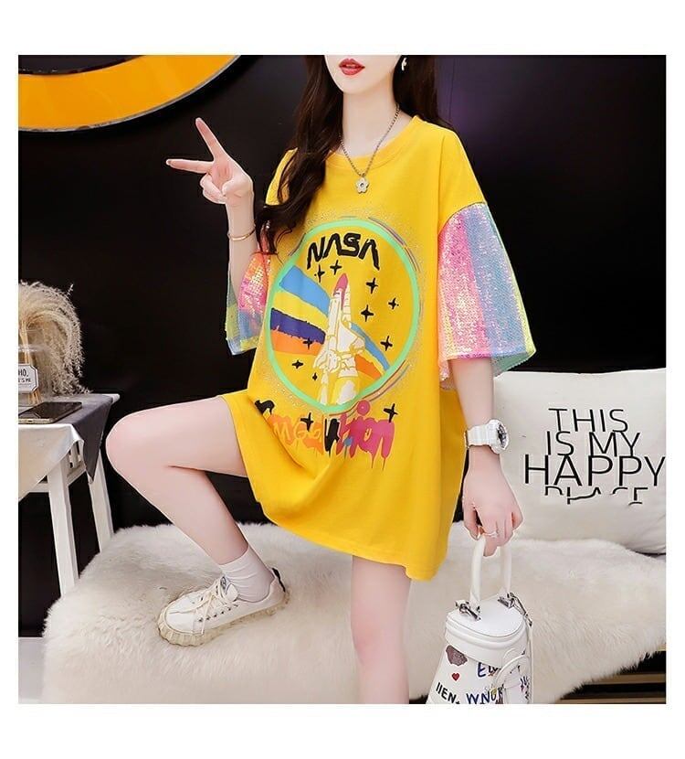 大好評 プリントTシャツ スパンコール切り替え ゆったり半袖＜S-2890＞