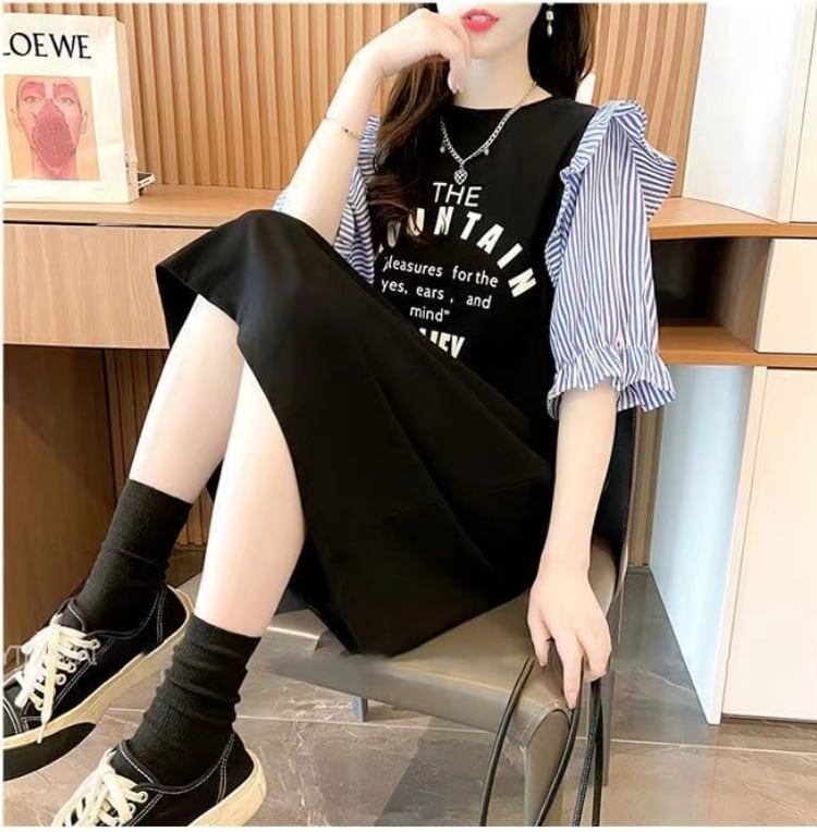 夏新作 カラーマッチング スカラップスリーブ ロング Tシャツ ゆったり 5分袖 ＜S-2854＞