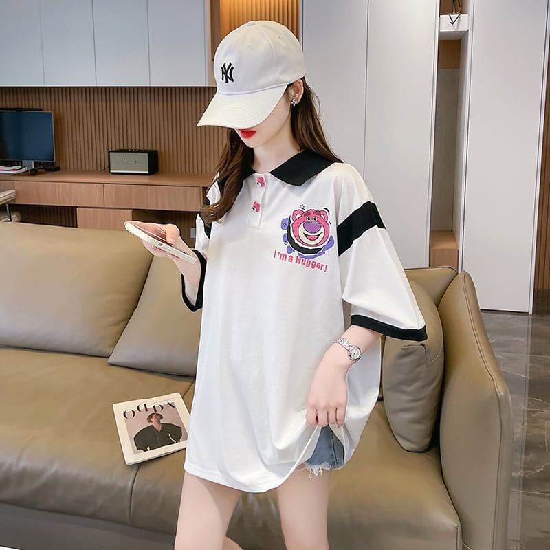 POLOネック 切り替え 熊柄 ロング プリント Tシャツ 二色 ゆったりワンピース ＜S-3020＞
