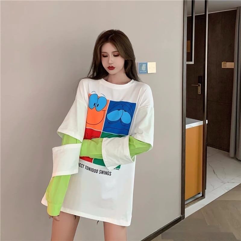 見逃し禁止レイヤード  グラフィックプリント 二色長袖Tシャツ＜S-4065＞