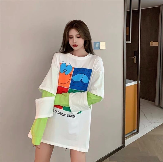 見逃し禁止レイヤード  グラフィックプリント 二色長袖Tシャツ＜S-4065＞