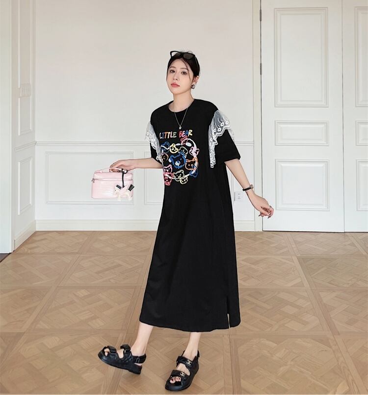 おすすめ レース ファッション 切り替え プリント Tシャツ カットソー ワンピース＜S-8535＞