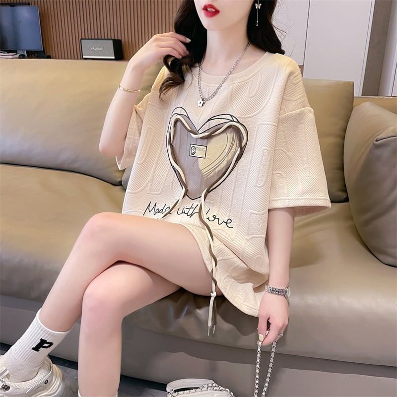 着心地良い ハート 立体風 プリントTシャツ 三色 ゆったり半袖＜S-2933＞