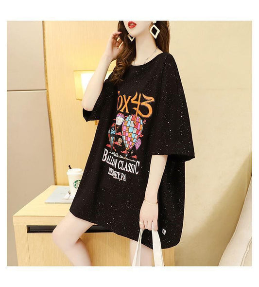 好感度UP プリント バックオープン ロング Tシャツ ブラック ゆったり ワンピース＜S-3001＞