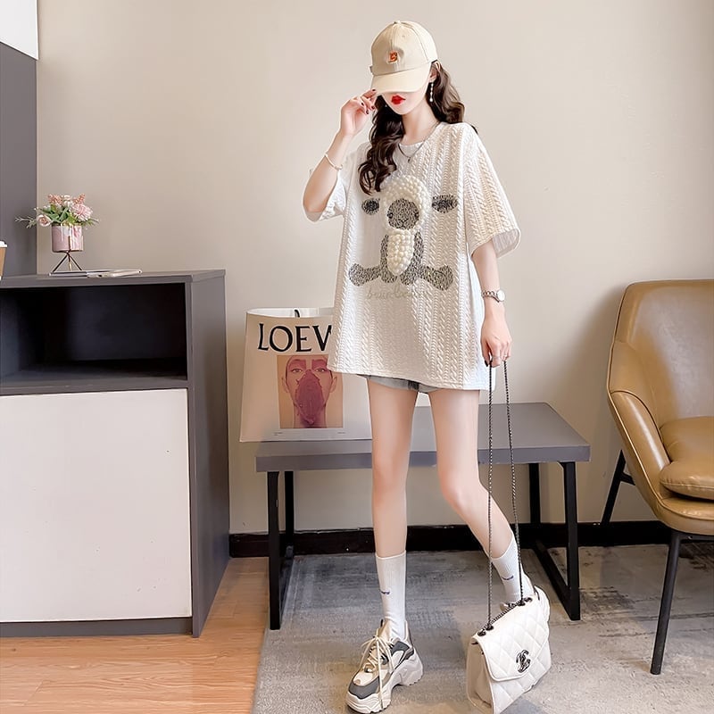 高級立体ハンドビーズコットン半袖Tシャツ<S-2998>