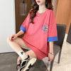 韓国系 ドロップショルダープリント ラウンドネック ロング Tシャツ 三色 ゆったり半袖＜S-3011＞