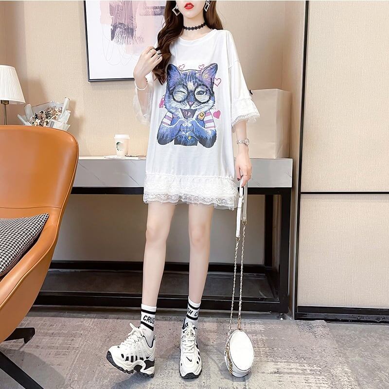 好感度満載 プリント 美感いっぱい Tシャツ カットソー ワンピース＜S-3428＞