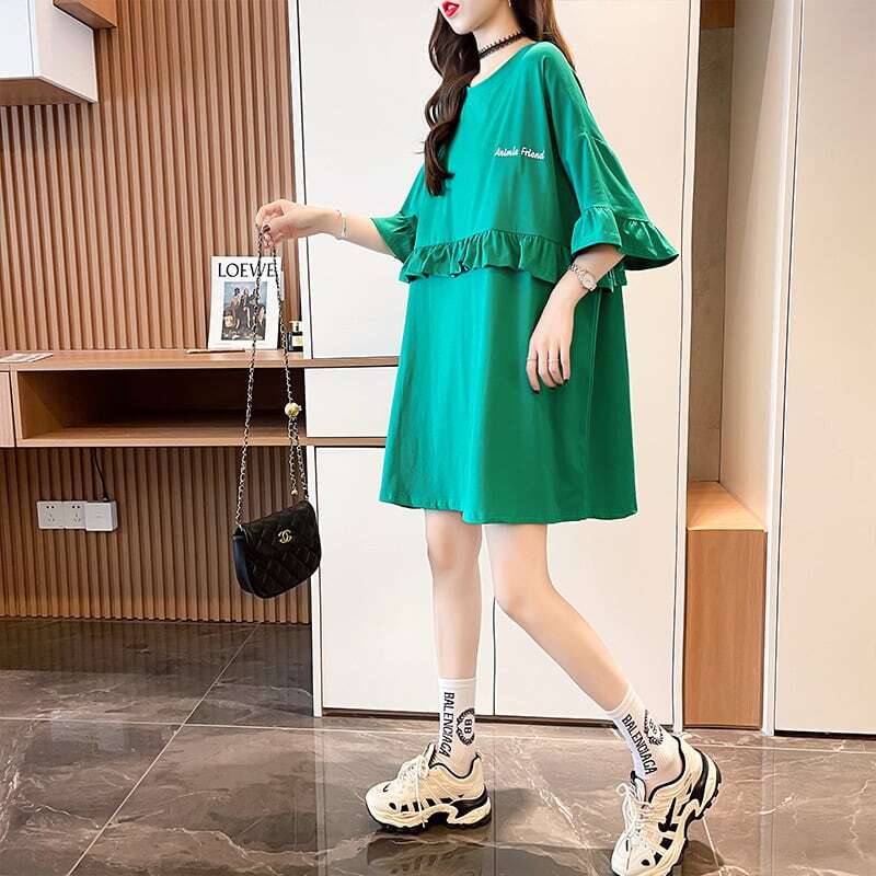 【半額！期間限定！！】合わせやすい 切り替え フリル プリント Tシャツ ゆったりワンピース＜S-3008＞