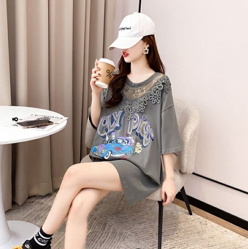 着回し力抜群 プリント カジュアル ビッグロゴ レース 切り替え 半袖Tシャツ 全3色＜S-8423＞