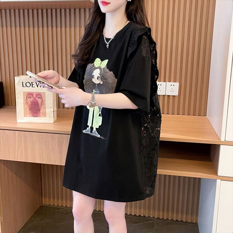 【半額！期間限定！！】着回し力抜群 切り替え プリント レース 切り替え ゆったり半袖 Tシャツ ＜S-8527＞