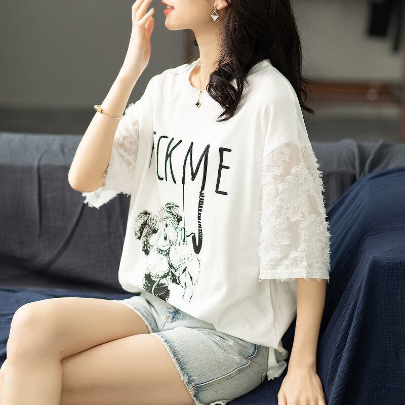 絶対欲しい レース エレガント 切り替え プリント 半袖Tシャツ＜S-8587＞
