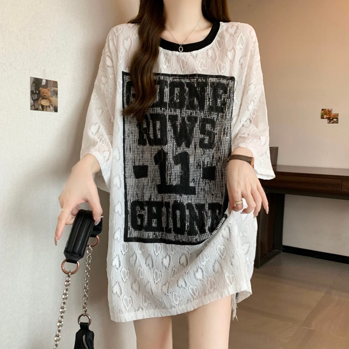 超人気 アバンギャルド 絶対流行 レース プリント全2色 半袖Tシャツ<S-8798>