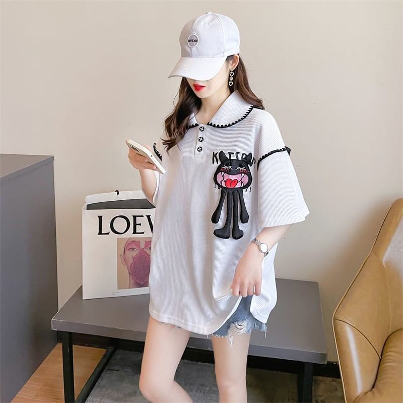 美人度アップ 折り襟 ワッフル ぬいぐるみ付き ロング Tシャツ ゆったり半袖 ＜S-2930＞