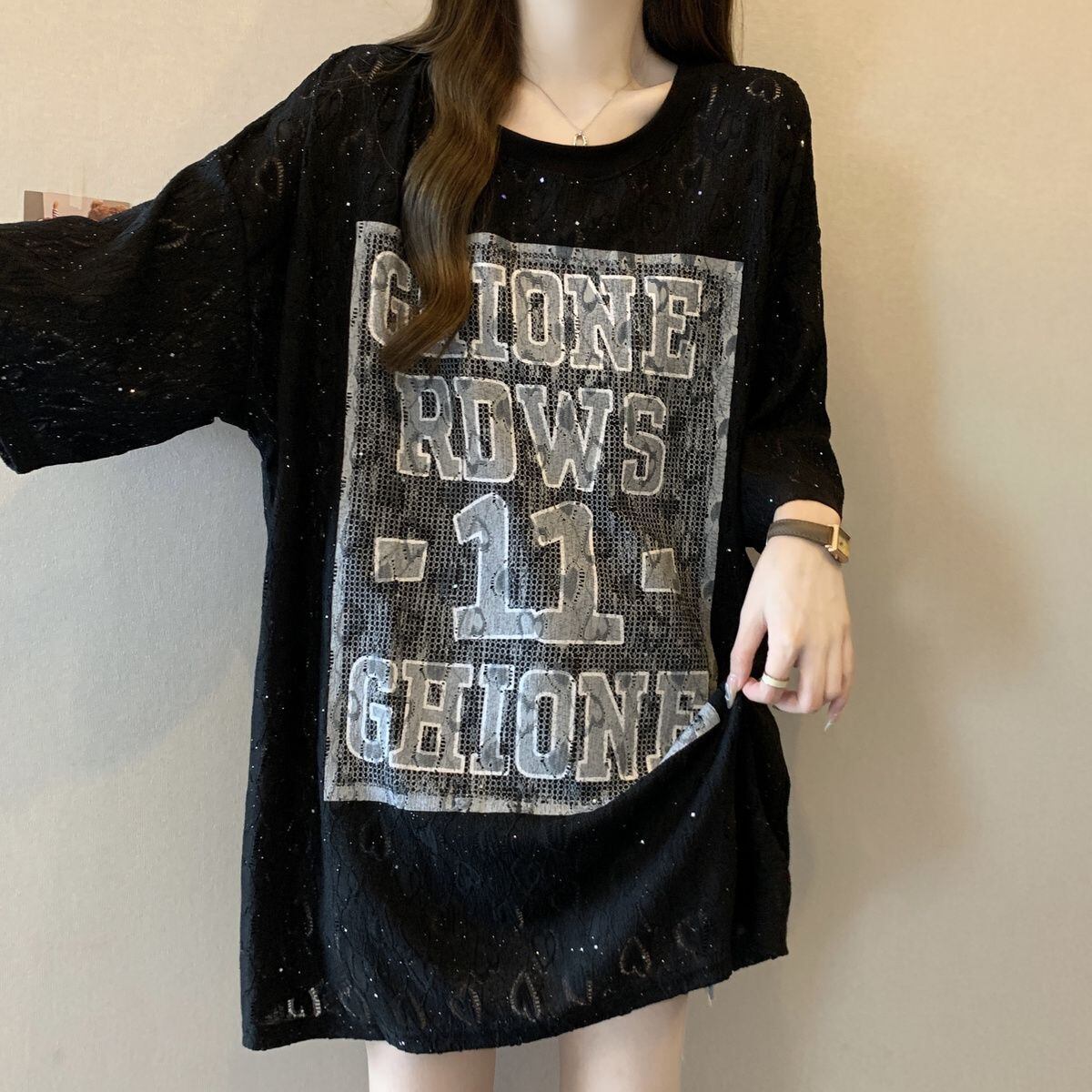 超人気 アバンギャルド 絶対流行 レース プリント全2色 半袖Tシャツ<S-8798>