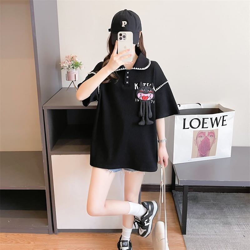 美人度アップ 折り襟 ワッフル ぬいぐるみ付き ロング Tシャツ ゆったり半袖 ＜S-2930＞