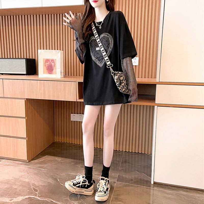 個性的なデザイン プリント 日焼け対策 切り替え Tシャツ カットソー＜S-3003＞