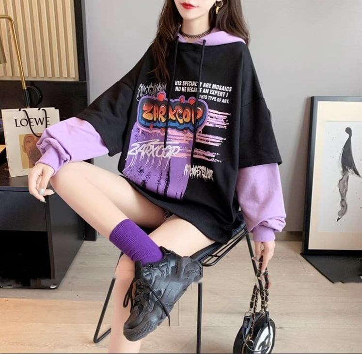 韓国スタイルのゆったりとしたフード付きスウェットシャツ<S-5189>