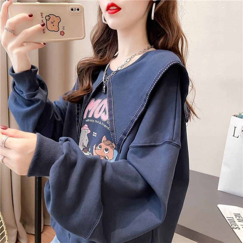 絶対欲しい グラフィックプリント セーラ服の襟 三色 長袖Tシャツトップス<S-4036>
