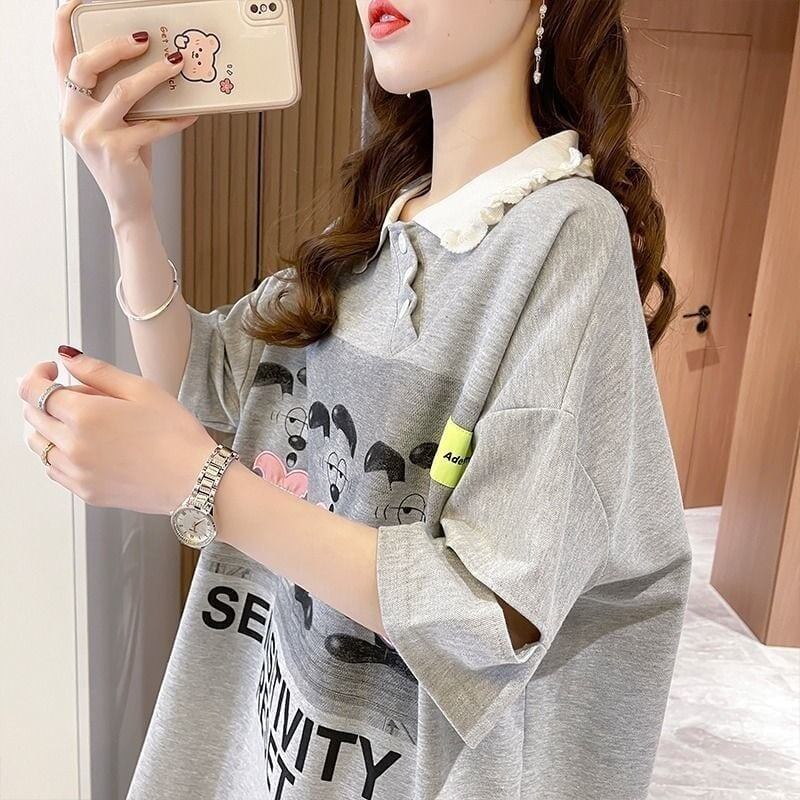 夏新作 アルファベットプリント POLOネック ロング Tシャツ ゆったりワンピース ＜S-3038＞
