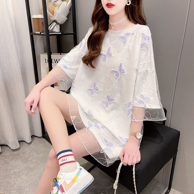 上質 レイヤード風 フェミニン チュール生地 半袖Tシャツ<S-8061>